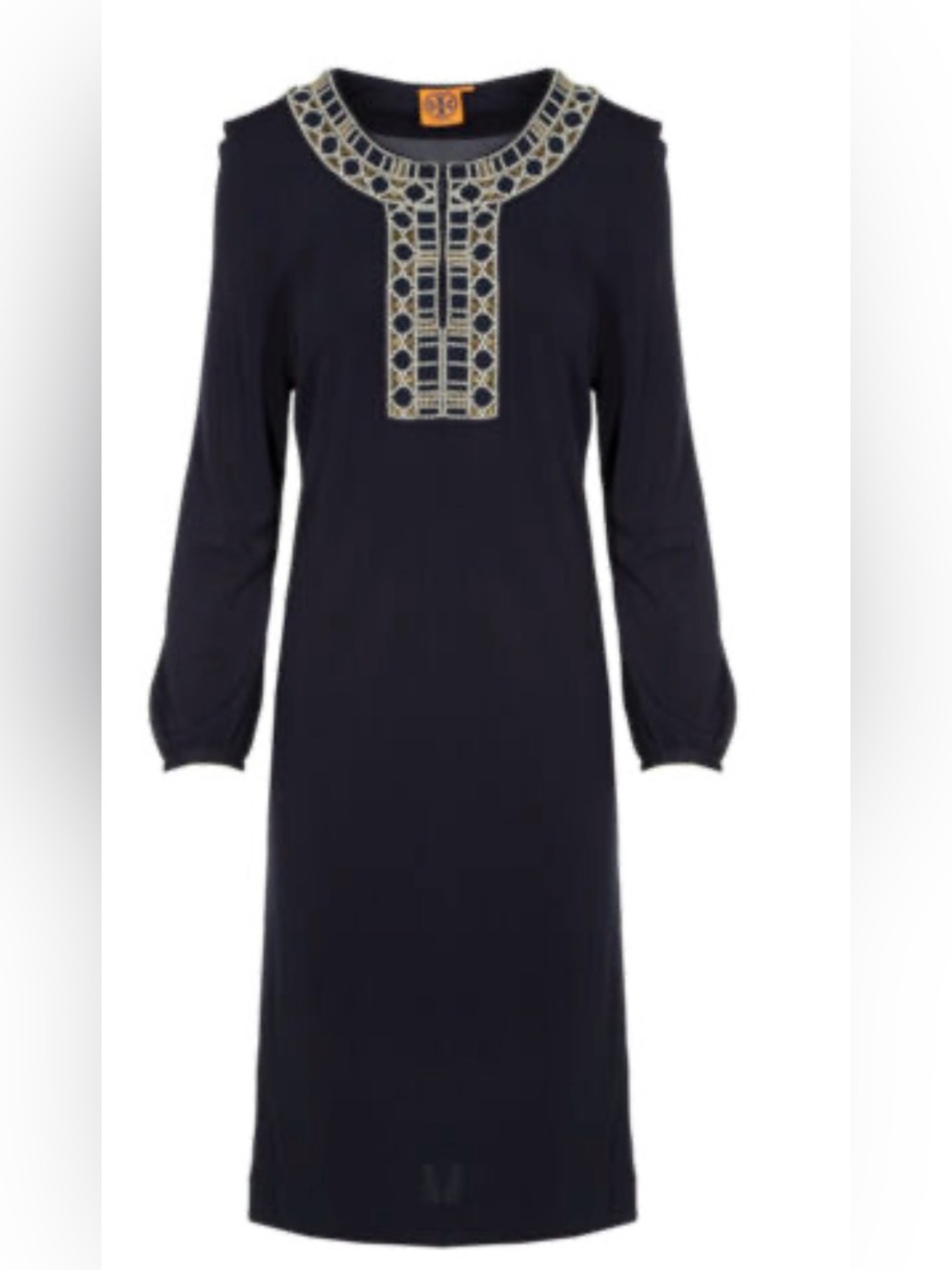 Tory Burch Navy Long-Sleeve Shift Dress with Gold Embellished Yoke